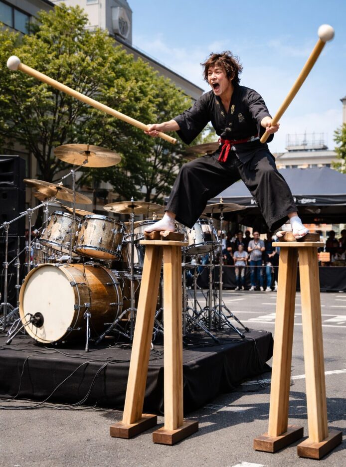 高下駄はいて長いスティックで叩く人